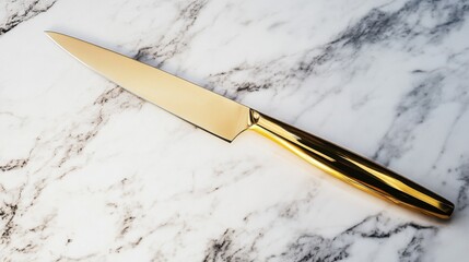 A sleek gold knife rests on a marble countertop, showcasing its elegant design and sharp blade.
