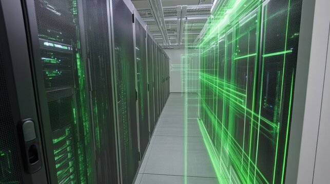 A futuristic data center corridor illuminated by green lights, showcasing rows of server racks and advanced technology.