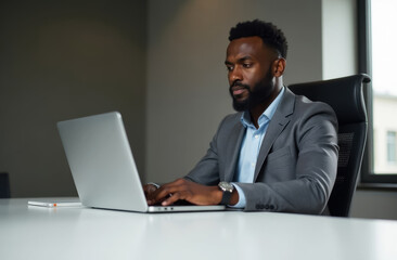 African American businessman in business suit working on laptop