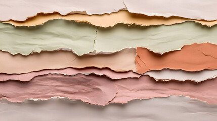 Fototapeta premium Torn paper strips in overlapping layers create textured background with soft pastel colors. This artistic composition adds depth and visual interest to any design project