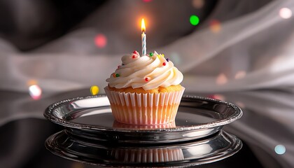A minimalist birthday cupcake with a single candle on a reflective silver plate