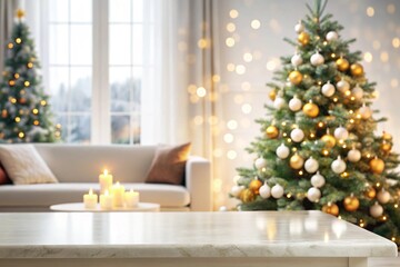 Blank white table top with abstract warm living room decor with Christmas tree, light blurred background with snow
