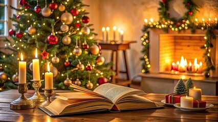 Obraz premium Cozy Christmas setting with open books on a table, lit candles, and decorated Christmas tree in the background , cozy