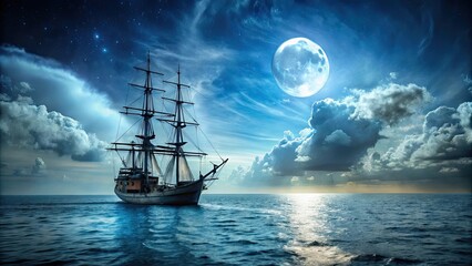 Fototapeta premium Old ship sailing in a vast sea under a full moon, ship, old, vintage, sea, ocean, moon, night, water, adventure