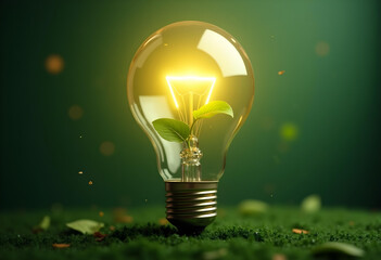 glowing light bulb with green leaves symbolizes eco friendly energy solutions and sustainability. This captures essence of innovation and nature