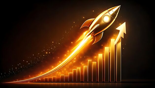 golden arrow graph pointing upwards with a rocket, symbolizing rapid growth and success