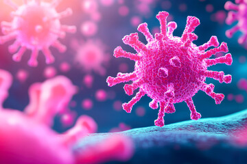 Lymphocyte immune cell activation concept. A vibrant close-up of a virus, showcasing its structure with pink spikes, highlighting its microscopic details and scientific significance.