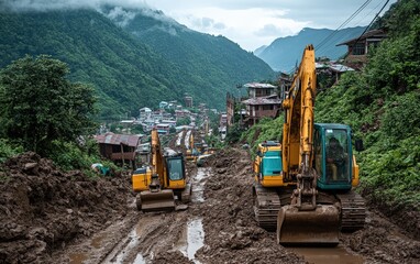 Heavy machinery battles a massive landslide in a mountainous region, clearing debris and restoring...
