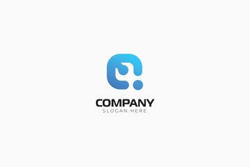 A stylized letter "C" or "Q" with a dot and wrench symbol element, forming a dynamic and abstract logo in blue gradient.