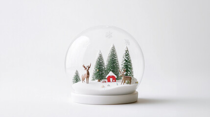 Winter Wonderland Snow Globe: Enchanting miniature snow globe depicting a serene winter scene with deer, a cozy cabin, and snow-covered evergreen trees.