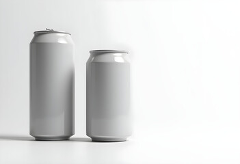 Minimalist design featuring two blank beverage cans in white. larger can stands beside smaller can, creating clean and modern aesthetic