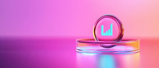 Obraz premium Protection against hacking and cyber attacks concept. A circular glass display holds a glowing financial graph icon, set against a vibrant purple-pink gradient background.