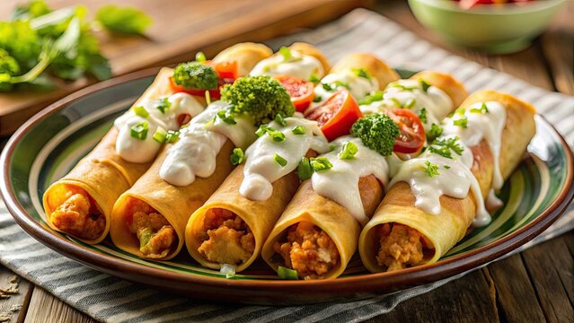 Chicken flautas with cheese cream and guacamole on a plate at a Mexican restaurant, Mexican, food, cuisine, traditional