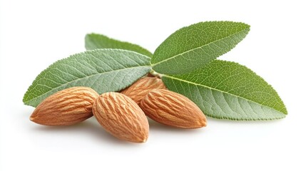 Almonds with leaves on white background.