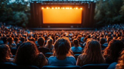 Audience enjoying a performance at an outdoor theater during sunset.