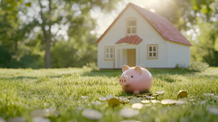 piggy bank sits on green grass near tiny house, surrounded by coins, symbolizing savings and financial growth. scene evokes sense of tranquility and prosperity