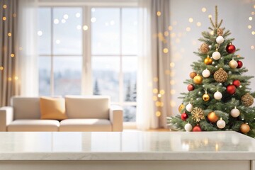 Blank white table top with abstract warm living room decor with Christmas tree, light blurred background with snow