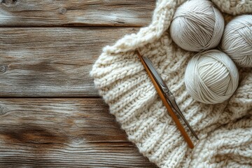 Vintage knitting tools and yarn on a wooden table, capturing a nostalgic crafting vibe.