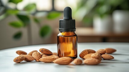 Amber glass dropper bottle of almond oil surrounded by whole almonds on a marble surface.