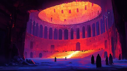 Fantasy Adventure Scenery, Enigmatic Subterranean Colosseum Illuminated by a Glowing Crystal Dome,Shrouded Figures Observing from the Stands