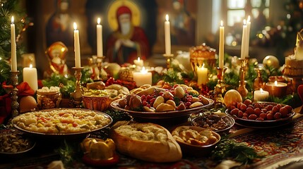A beautifully arranged festive table with various traditional dishes, candles, and religious icons, creating a warm and inviting atmosphere.