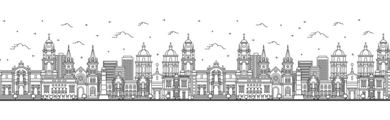 Seamless pattern with Outline Lima Peru City Skyline with Modern and Historic Buildings Isolated on White. Lima Cityscape with Landmarks.