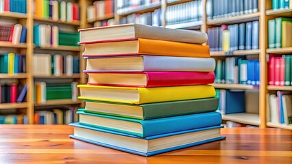 Fototapeta premium Closeup of a stack of colorful books at a local library, a resource for families to gather and learn together, library