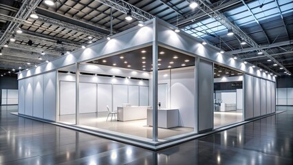 Empty exhibition hall center with booth displays for trade show expo, rendering, convention hall, fair, trade show, exhibition