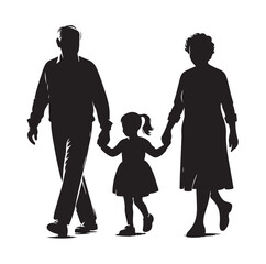 grandparents walking with granddaughter vector silhouette Illustration 