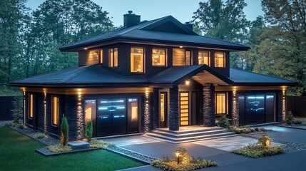 Modern black house with elegant design, illuminated at dusk, surrounded by greenery.