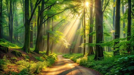 Obraz premium Lush forest scene with towering trees, winding path, and sunlight filtering through foliage, nature, forest, serene