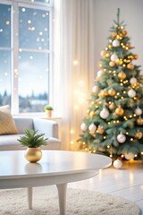 Blank white table top with abstract warm living room decor with Christmas tree, light blurred background with snow