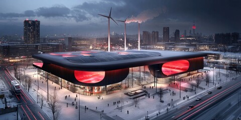 A futuristic sports arena with large red displays, surrounded by snow and wind turbines, set against a dramatic skyline.