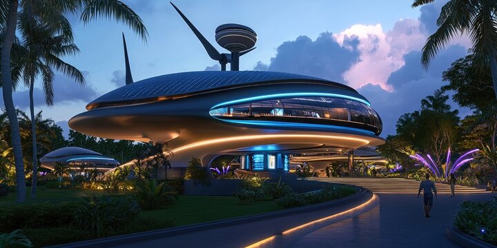 Solar energy photovoltaic resilience concept. A futuristic architectural design featuring sleek, spaceship-like structures amidst tropical vegetation illuminated by vibrant blue lights.
