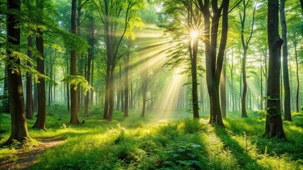 Obraz premium Serene morning in lush green forest with sunlight filtering through trees, nature, forest, sunlight, trees, green, tranquil