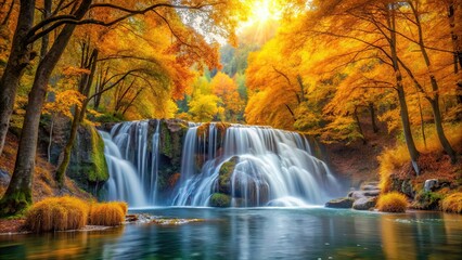 Obraz premium Beautiful autumn landscape with yellow trees and waterfall, autumn, landscape, yellow trees, waterfall, scenic, nature