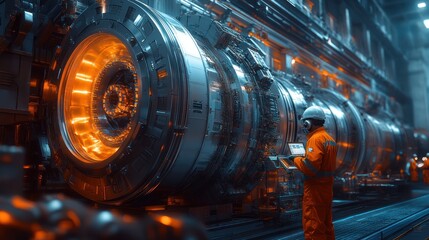 Fototapeta premium Hyper-detailed image of engineers overseeing wind turbine assembly, with complex machinery involved in the process