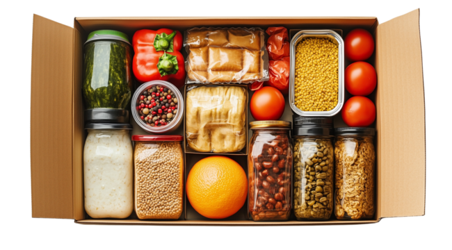 PNG, volunteer day, food in a box, isolated on white background, generated by artificial intelligence, AI.