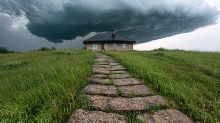 Stormy Sky Over House  Grassy Hill  Stone Path  Dramatic Nature Landscape Photography