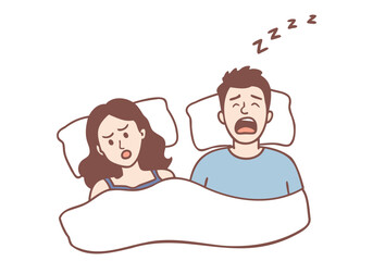 The man snores so loudly that it keeps the woman from sleeping. Hand drawn style vector design illustrations.