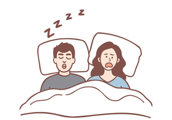The man snores so loudly that it keeps the woman from sleeping. Hand drawn style vector design illustrations.