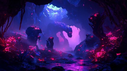 Mystical Beast Cave, Enigmatic Creature's Otherworldly Lair Shrouded in Ethereal Fog and Glowing Alien Vegetation