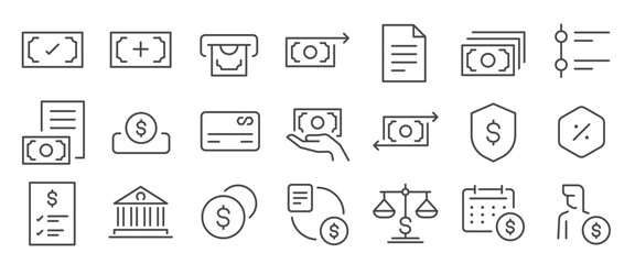 Financial app icon set. It includes finance, money, exchange, currency, and more icons. Editable Vector Stroke.