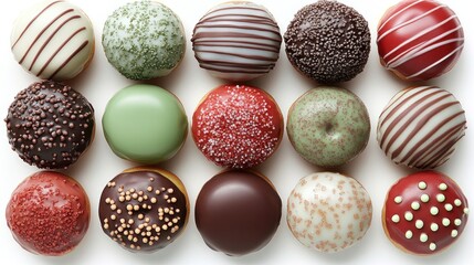 Assorted colorful donuts arranged in a grid pattern on a white background. (1)