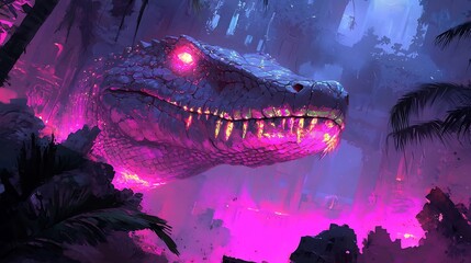 Mystical Beast Cave, Majestic Reptilian Creature's Sacred Sanctuary Amidst Crumbling Ruins and Mystical Illumination