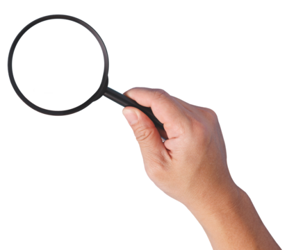 A hand holding a magnifying glass with a transparent magnification lens glass isolated in white background.