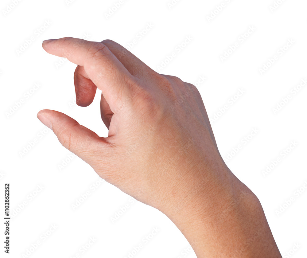 Wall mural closeup of hand gesture trying to use finger to grab or pickup object or thing. isolated in transpar