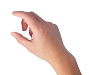 Closeup of hand gesture trying to use finger to grab or pickup object or thing. Isolated in transparent background.