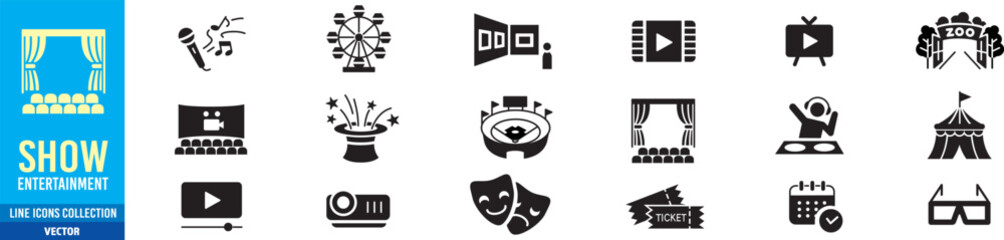 
Entertainment Show icon set. live media movie event stage video theater concert cinema ticket magician circus. Linear icon collection. Editable stroke. Vector illustration