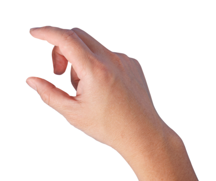 Closeup of hand gesture trying to use finger to grab or pickup object or thing. Isolated in transparent background.